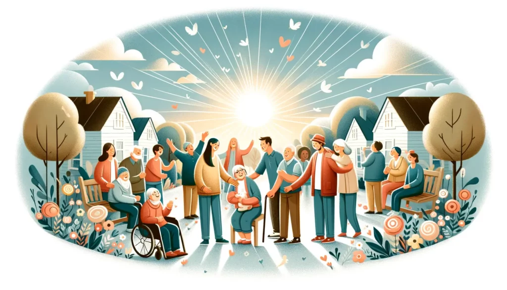 A heartwarming and memorable illustration that embodies kindness and the embrace of diversity. The image should be wide, suitable for use as a feature
