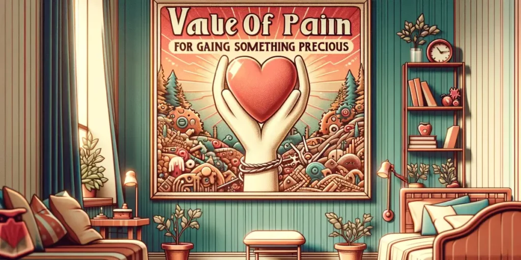 A heartwarming, memorable illustration depicting the concept of 'the value of pain for gaining something precious.' The image should be simple, avoidi