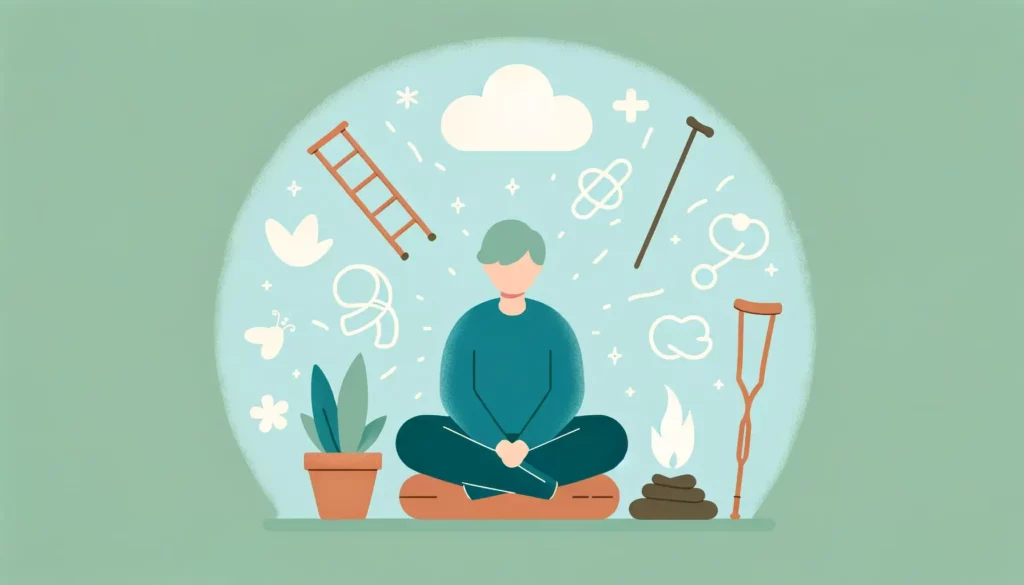 A heartwarming, simple illustration depicting the connection between physical and mental health. The image shows a person sitting comfortably in a pea