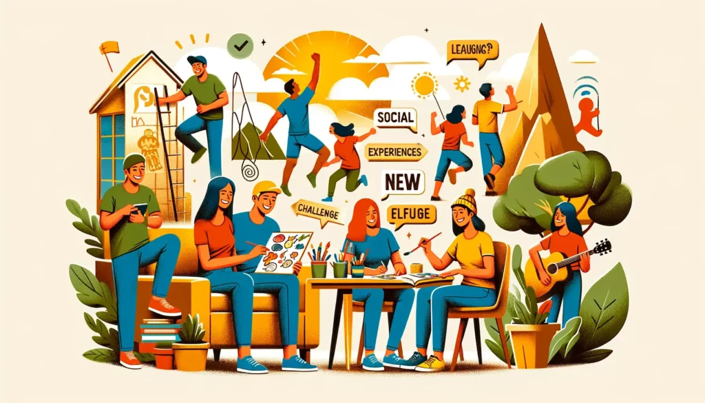 A lively and engaging scene emphasizing the importance of an active lifestyle. The image depicts a group of diverse individuals engaging in various ac
