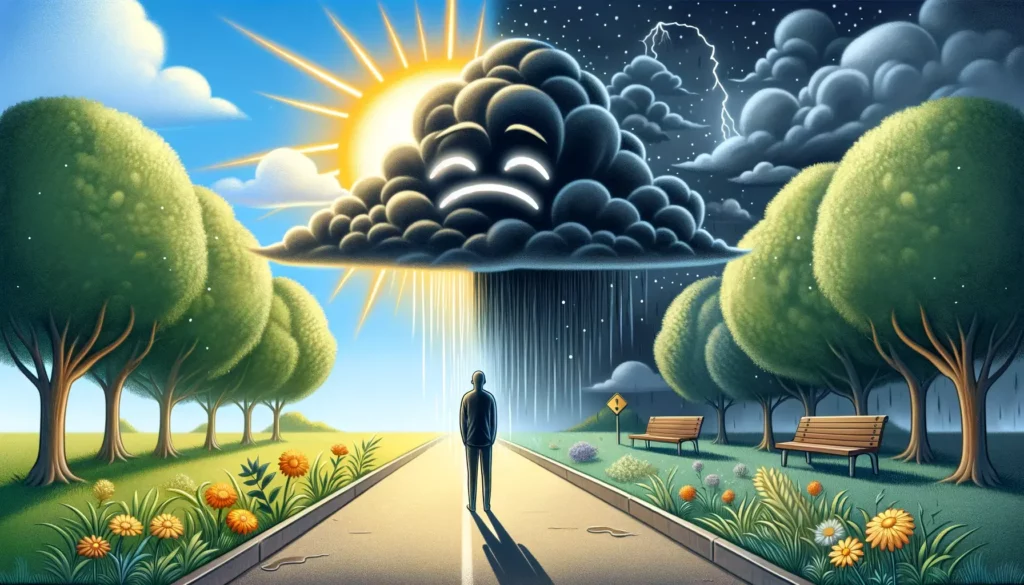 A metaphorical illustration depicting the concept of a 'Fallen Mind, Lost Joy.' The image shows a person standing alone, surrounded by a bright, sunny