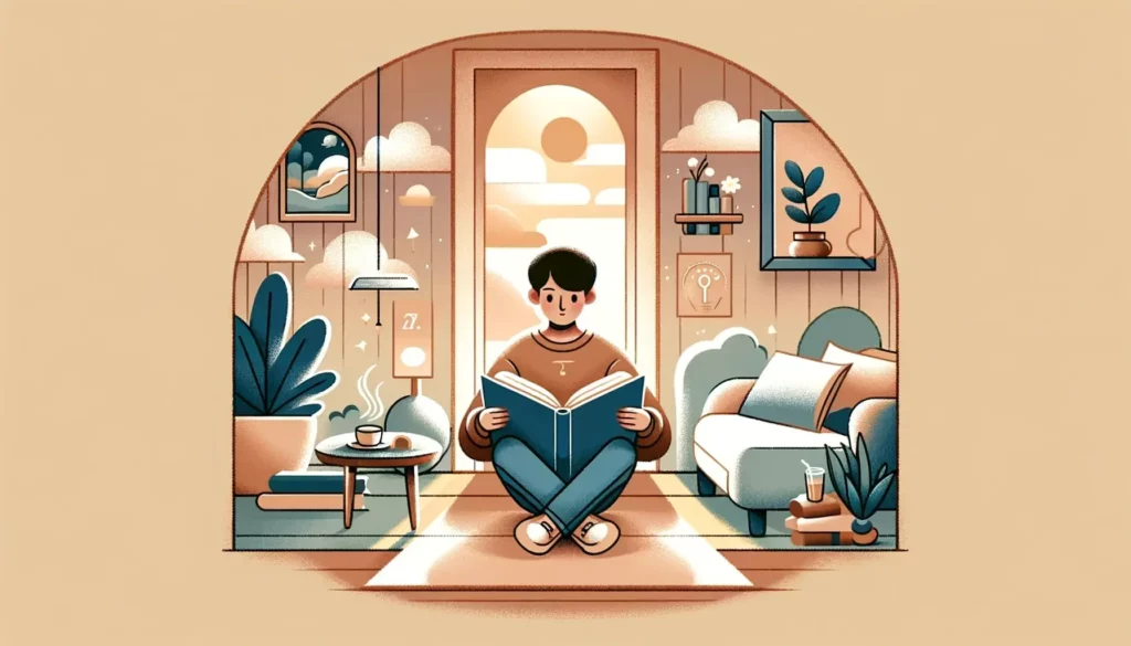 A serene and inviting illustration representing the values of introversion. The scene features a person sitting alone in a tranquil environment, deepl