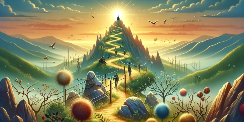 A tranquil and inspirational illustration depicting the journey of personal growth and achievement. The scene shows a serene landscape with a winding