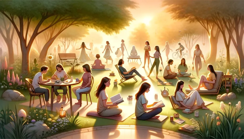 A tranquil and serene illustration that captures the essence of self-acceptance and the beauty of living authentically. The scene includes a diverse r