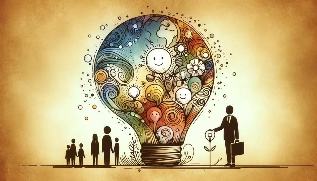 A visually appealing and memorable illustration that represents the concept of developing unique solutions. The image should be wide, evoke a friendly