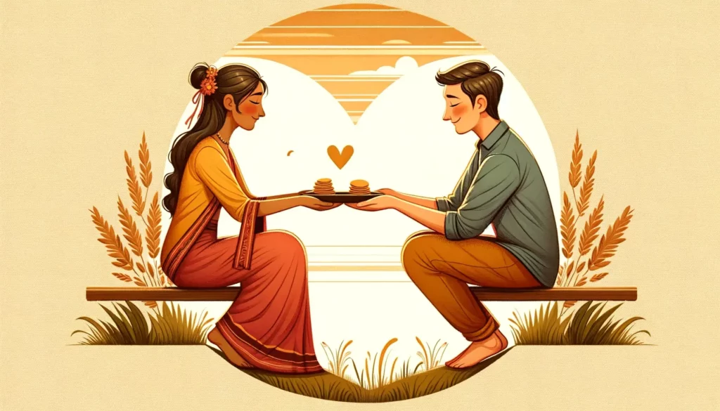 A warm and friendly illustration depicting the balance and reciprocity in human relationships. The image showcases two people, a South Asian woman and