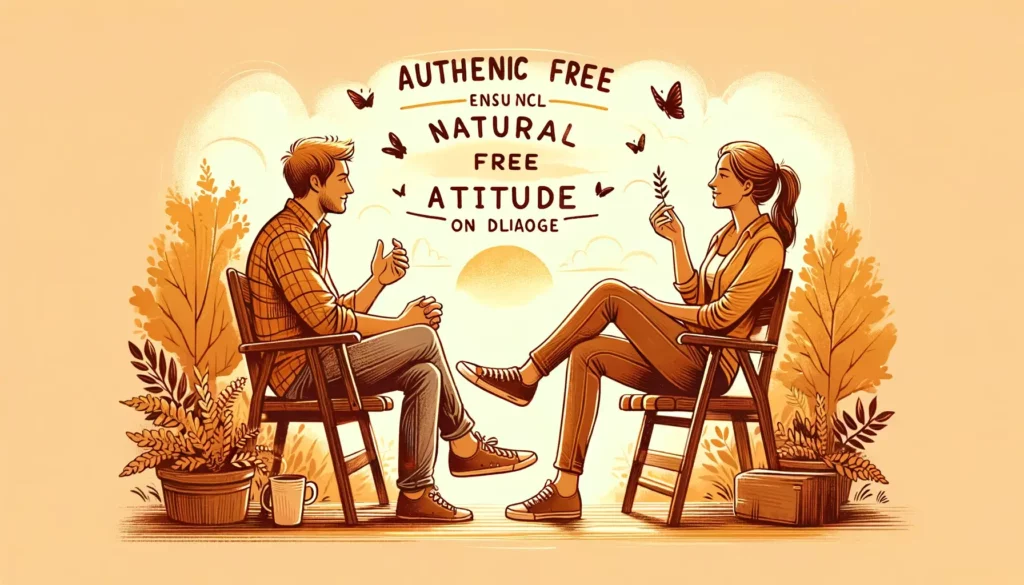 A warm and friendly illustration depicting the essence of authentic conversation and natural, free attitude in dialogue. The scene shows two people en