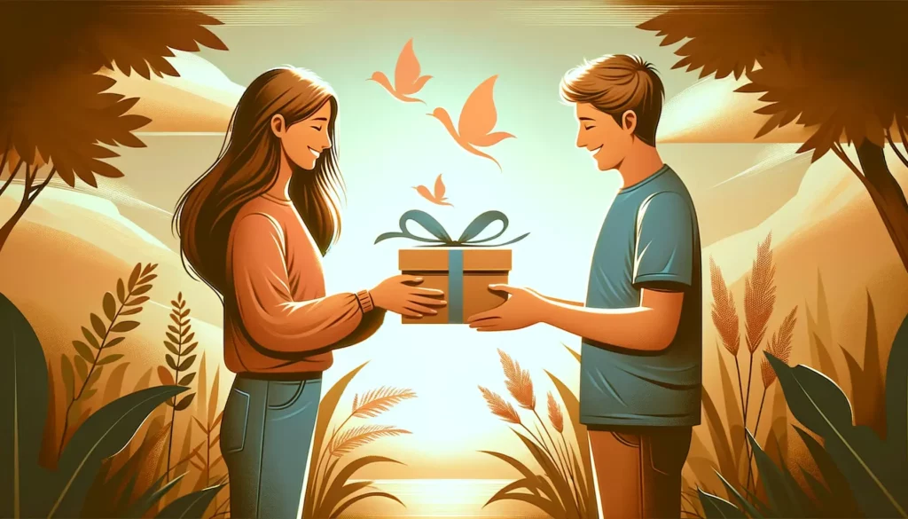 A warm and friendly illustration symbolizing the value of caring and gratitude in relationships. The image depicts two people exchanging gifts, embody
