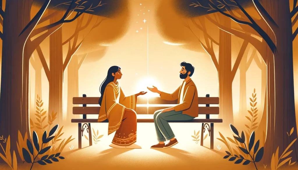 A warm and inviting illustration representing the themes of mutual respect, understanding, and balance in relationships. The image should depict two p