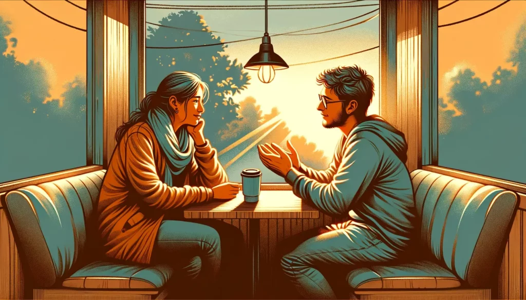 A warm, memorable illustration depicting the essence of genuine conversation in human relationships. The scene should represent two individuals deeply