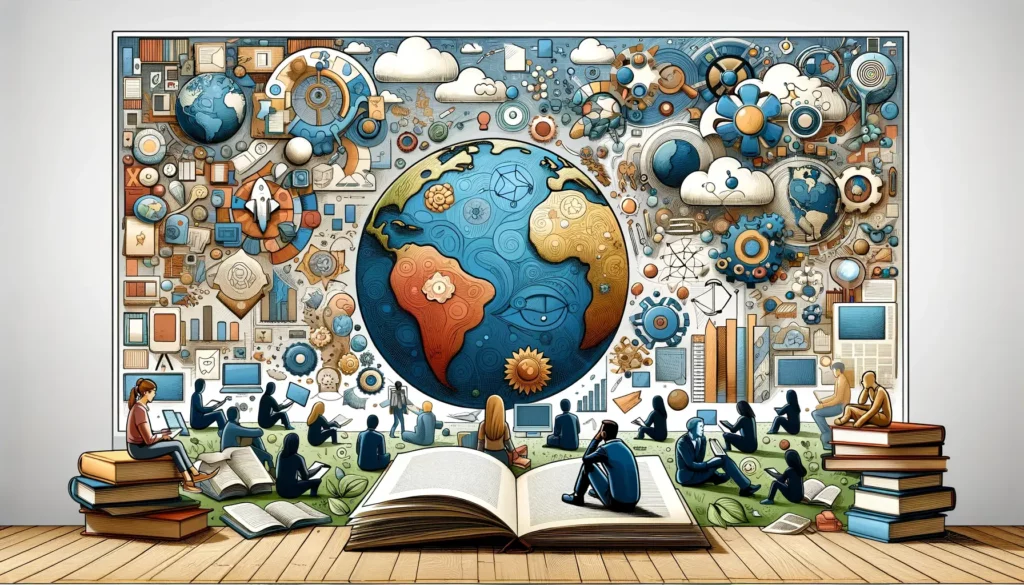 A wide, memorable, and friendly illustration that symbolizes the concept of interpreting and understanding the world. The image should convey the idea
