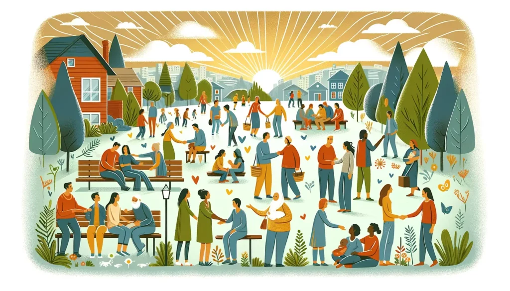 An illustration representing the concept of 'kindness in diversity'. The image should depict a variety of people from different ethnic backgrounds and