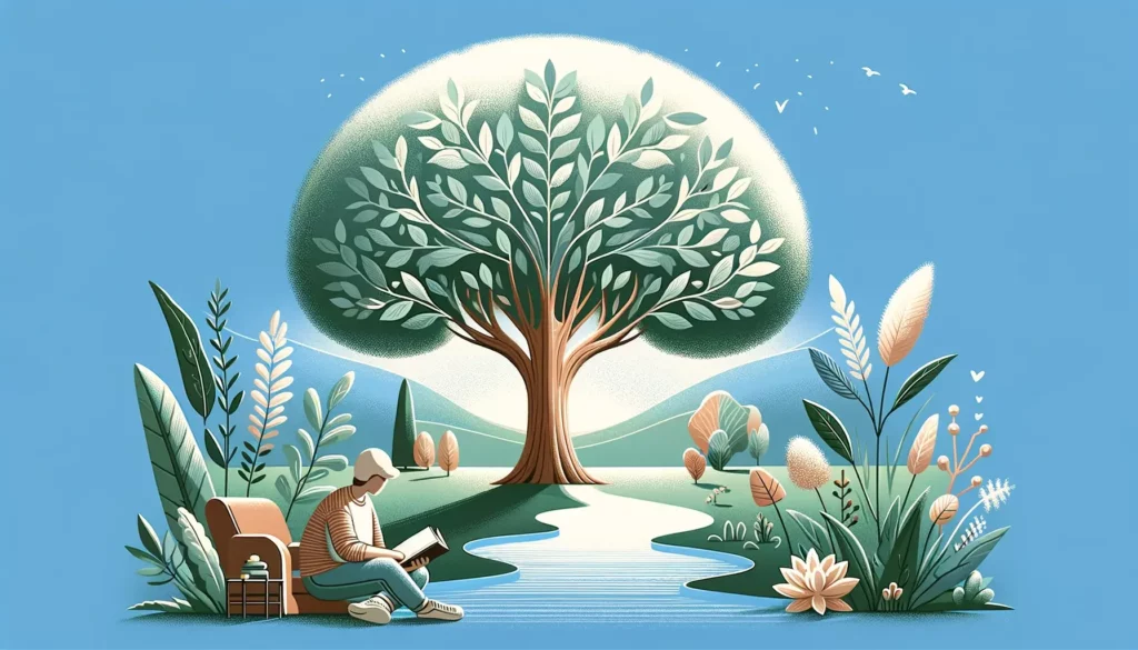 An illustration symbolizing the recovery of mental health, depicting a serene and welcoming scene. In the foreground, a person (Caucasian descent, gen