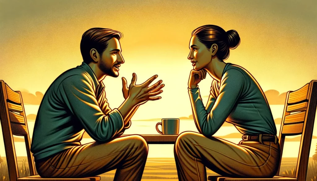 An illustration that captures the essence of sincere communication. The image should depict two individuals engaged in a heartfelt conversation, embod