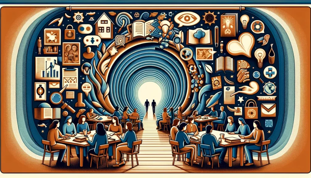 An illustration that conveys the concept of deeply immersing in social and cultural issues. This image should represent the idea of not only gathering