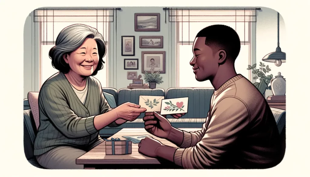 An illustration that embodies the concept of acknowledging and appreciating the efforts of others. The scene depicts two people in a comfortable, home