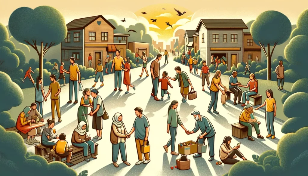 An illustration that embodies the concept of kindness in a diverse society. The image should feature people of various descents and genders, engaging