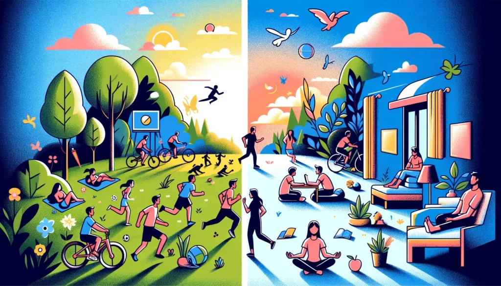 An illustration that visually represents the balance between activity and introspection. The scene is divided into two halves_ the left side depicts a