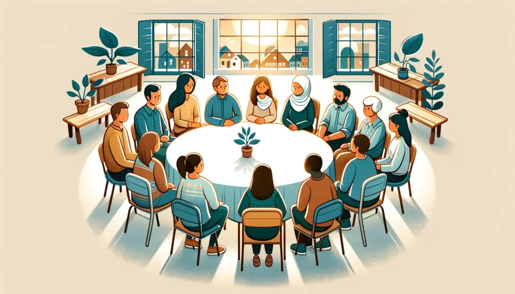 A heartwarming and simple illustration depicting the theme of conflict resolution and understanding in a diverse society. The image shows a round tabl