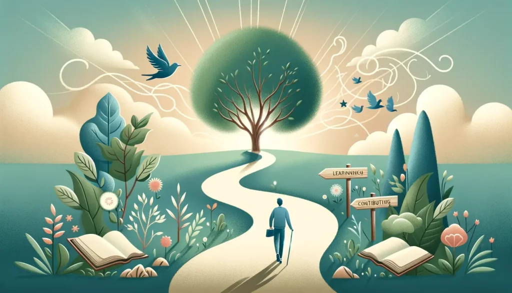 A serene and inspirational illustration representing the journey towards true happiness and professionalism. The image depicts a person walking a wind