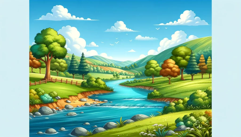 A serene and picturesque landscape illustration that conveys a sense of tranquility and connection to nature. The scene includes a gentle river flowin