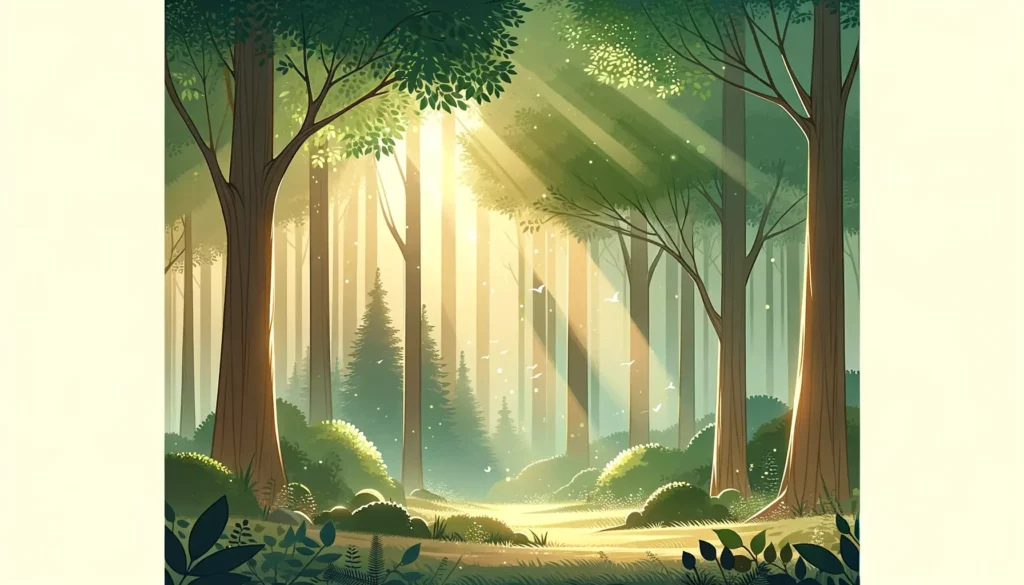 A tranquil and inviting illustration capturing the essence of small changes in nature that bring great comfort. This wide image depicts a serene fores