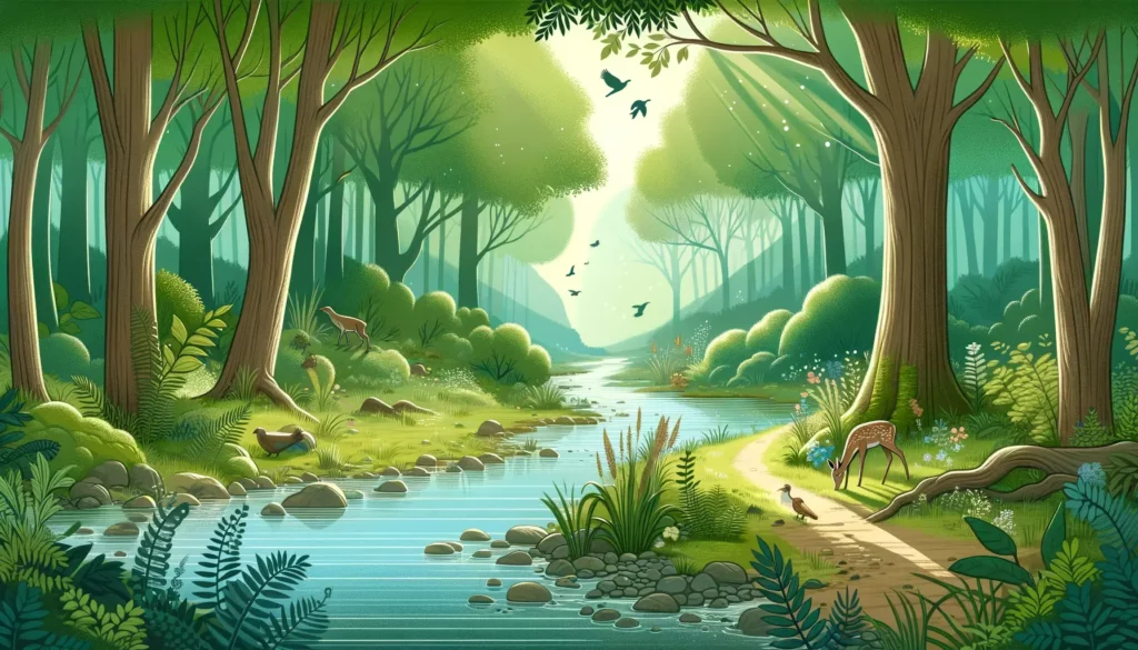 A tranquil and serene illustration that embodies the theme 'Finding Peace of Mind_ Into Nature'. The scene depicts a lush, green forest with a clear,