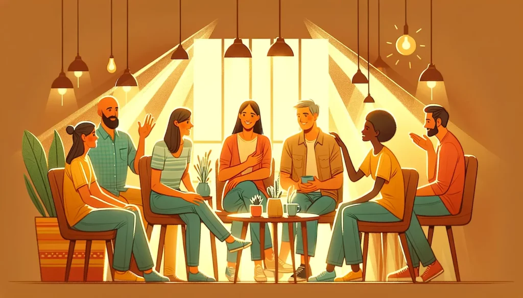 A warm and friendly illustration depicting a diverse group of people engaged in positive communication. The scene should show people of different ethn