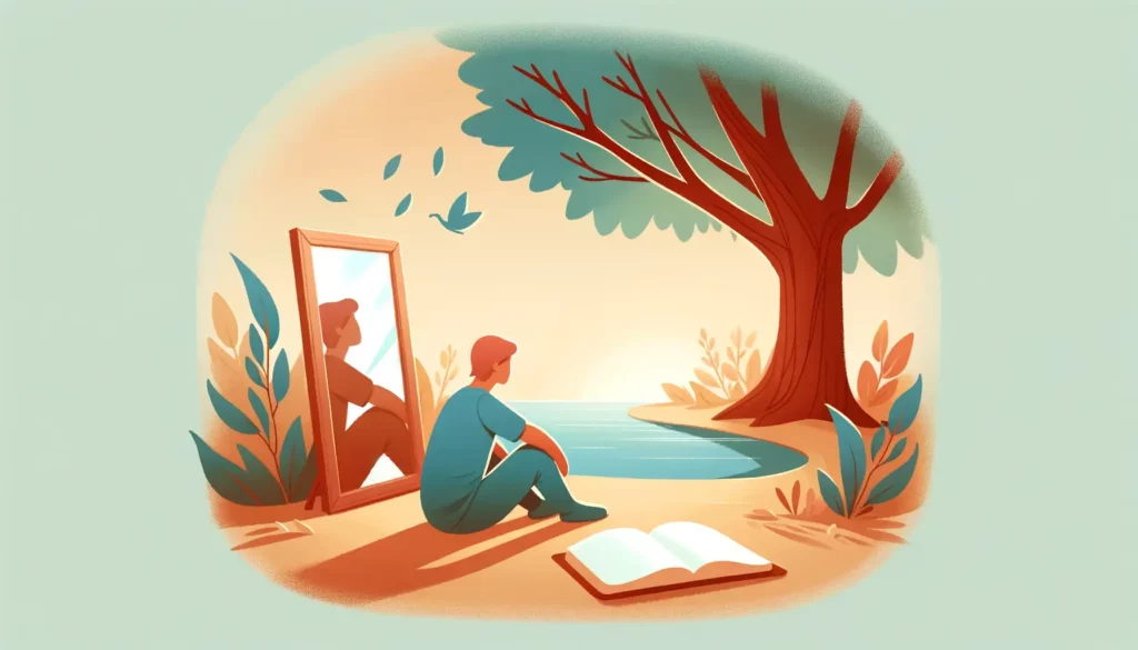 A warm and friendly illustration representing the concept of self-reflection and discovering the positive aspects of one's personality. The image shou
