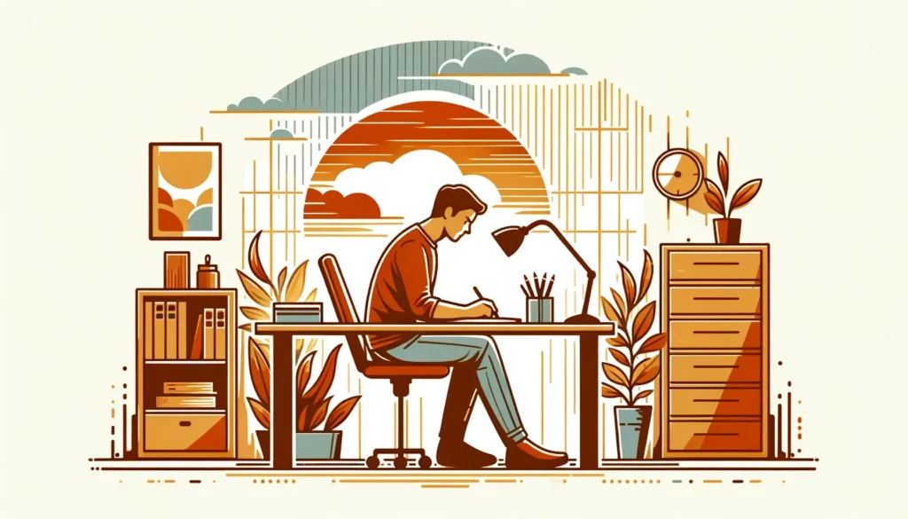 A wide, friendly, and memorable illustration depicting a person tirelessly working. The scene should be simple and not too cluttered, capturing the es