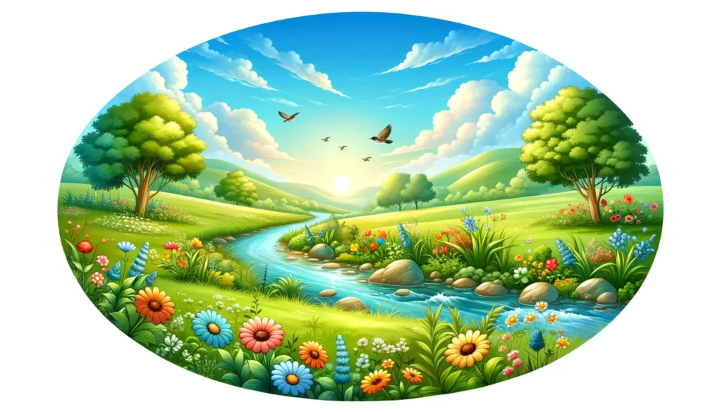 A wide, memorable, and friendly illustration representing the beauty of nature. The image should be simple, not overly complex, and evoke a sense of c