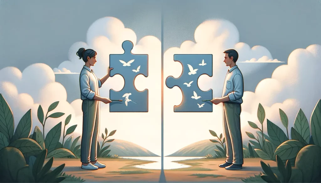 An illustration depicting the concept of conflict leading to growth and reflection. The scene shows two individuals standing on opposite sides, each h