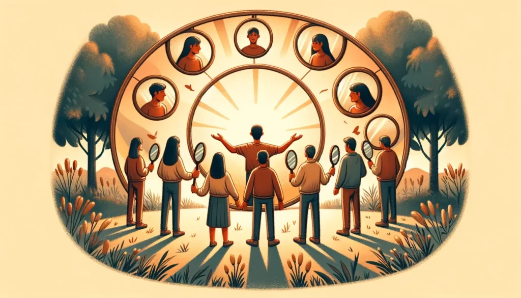 An illustration representing the concept of seeing oneself through others' eyes. The image should be warm and friendly, depicting a diverse group of p