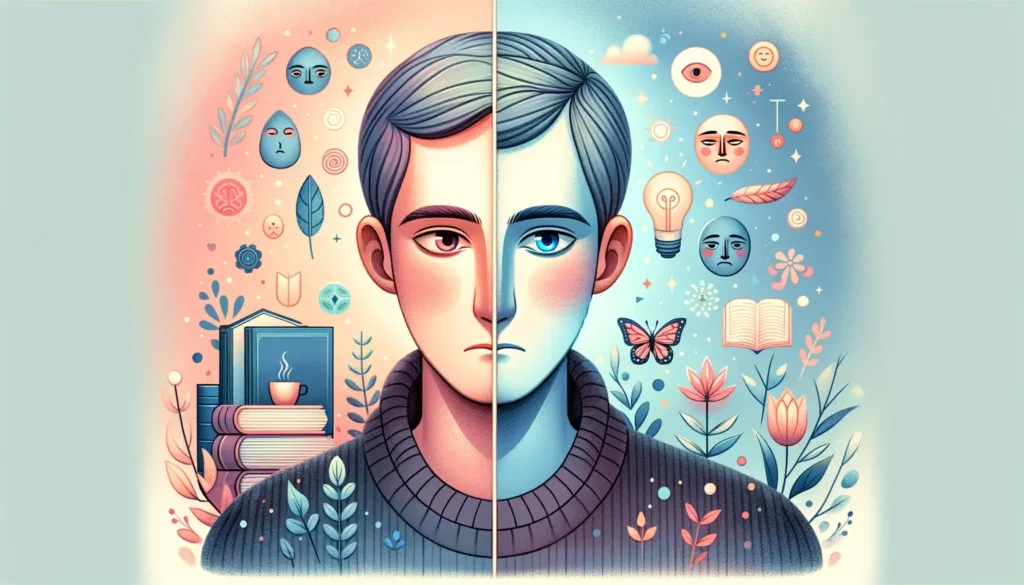 An illustration that visually represents the concept of personality dualities. This image should show two sides of the same person, where one side app