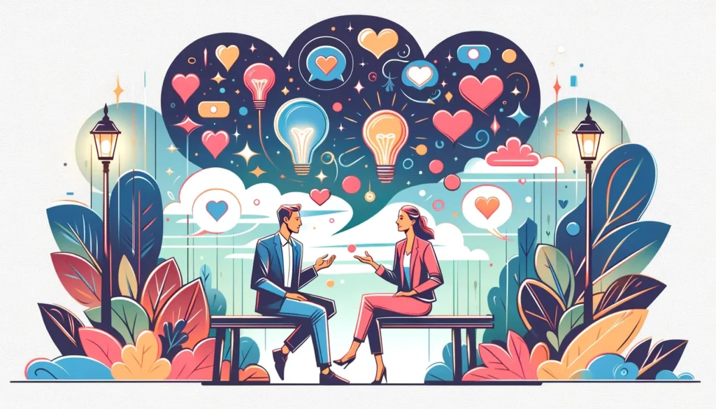 An illustration that visually represents the power and beauty of communication. The image features two people engaged in a conversation, one speaking