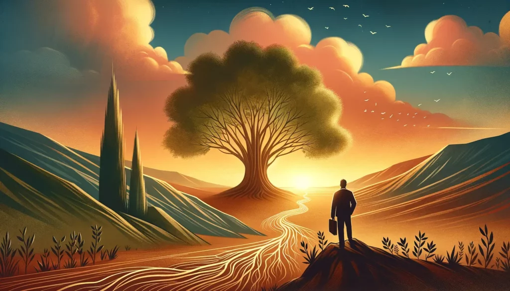 An inspirational and warm illustration that embodies the journey of professional growth and contribution to humanity. The image features a serene land