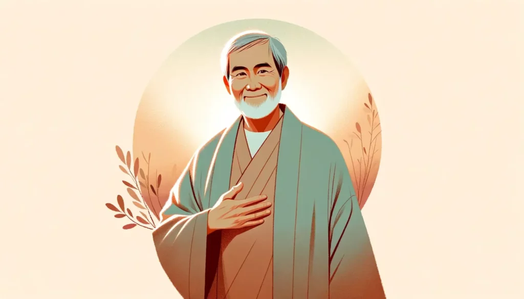 Illustration of a kind-hearted true leader, depicted in a simple yet memorable style. The image should portray a figure exuding warmth and friendlines