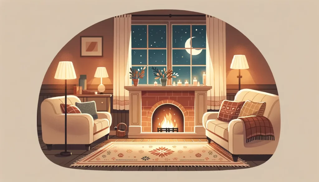 A cozy and welcoming home scene, featuring a warm living room with a comfortable sofa, a soft rug, and a crackling fireplace. The room is softly lit b