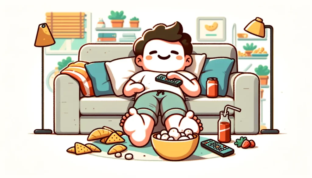 A cozy, cartoon-style illustration depicting a person lounging lazily on a comfortable couch, surrounded by scattered snacks and a remote control with