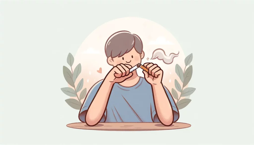 A friendly and approachable illustration depicting a moment of resolution, where a person is decisively snapping a cigarette in half, symbolizing thei