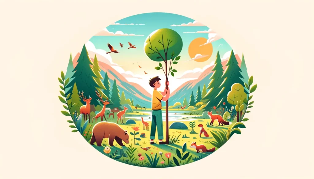 A heartwarming and simple illustration of a person embracing nature, showing a deep love and connection to the environment. The scene is set in a sere