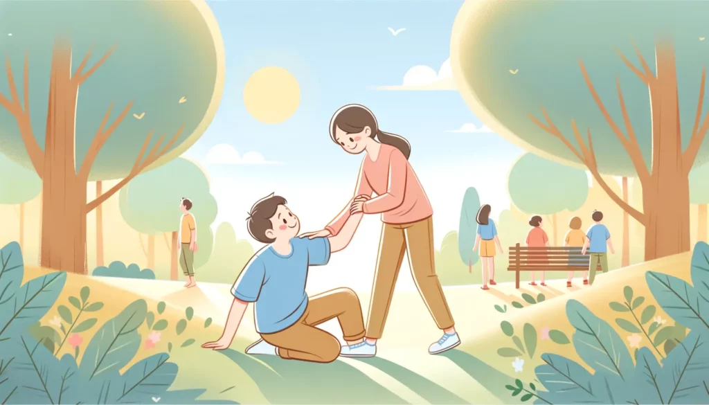 A heartwarming illustration depicting a person helping another person up from the ground, set in a sunlit park with soft, pastel colors. The scene sho