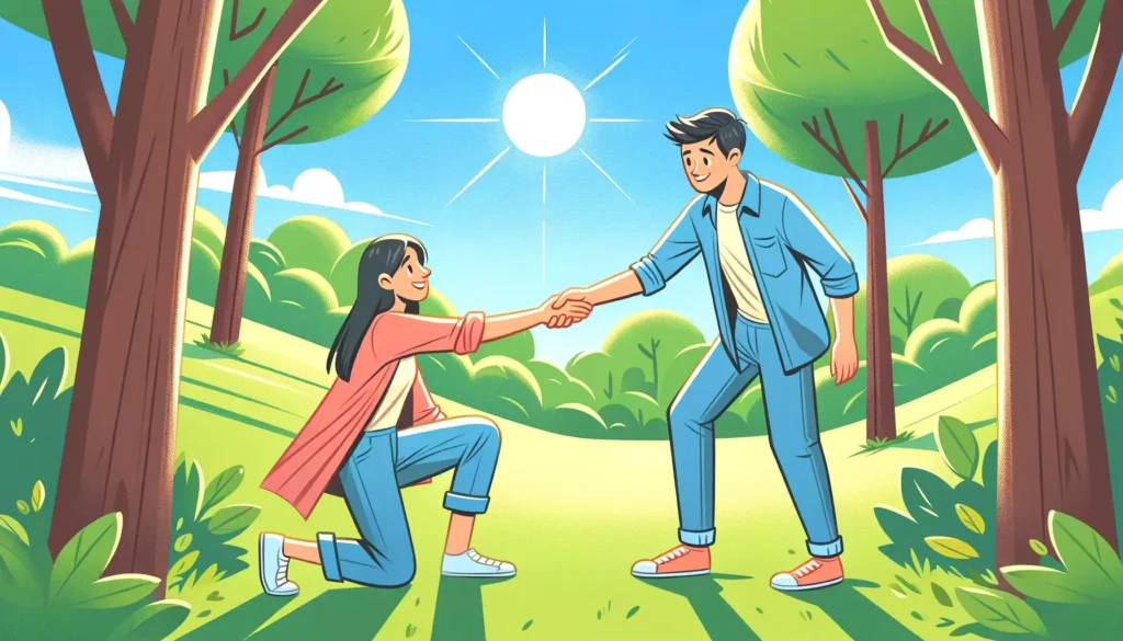 A heartwarming illustration of a person helping another person up from the ground. The scene is set in a bright, sunny park with lush green trees and