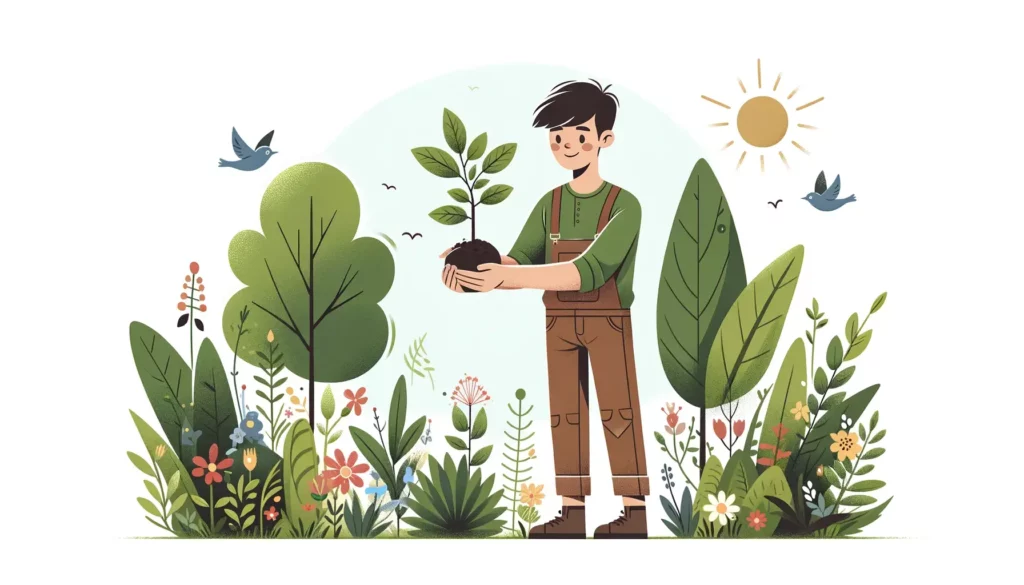 A person holding a small tree with care, surrounded by a variety of plants and flowers in a vibrant, lush garden. The individual is smiling gently, we