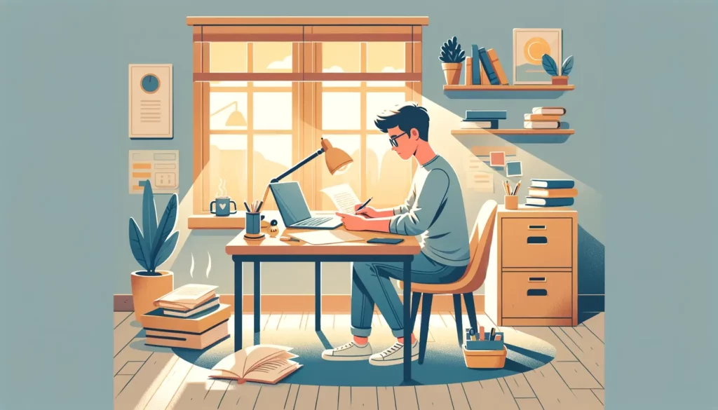 A person is sitting at a desk filled with papers and a laptop, deeply focused on their work. They are surrounded by tools of their trade_ books, a cof