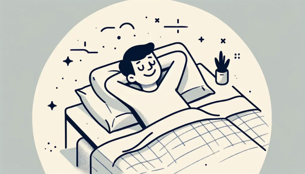 A person lazily lounging on a bed, depicted in a friendly and memorable illustration style. The image should convey a sense of comfort and relaxation,