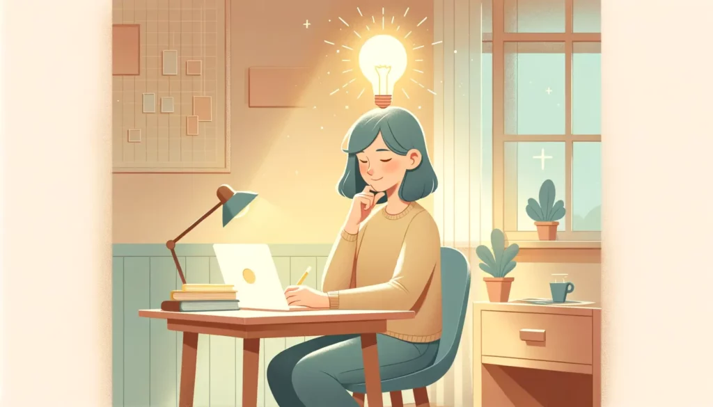 A person sitting at a desk, engrossed in thought with a bright light bulb floating above their head, symbolizing a sudden spark of inspiration. The ro
