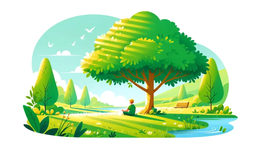 A person sitting under a large, leafy tree in a lush, green meadow, contemplating nature. The scene is serene and inviting, with gentle sunlight filte