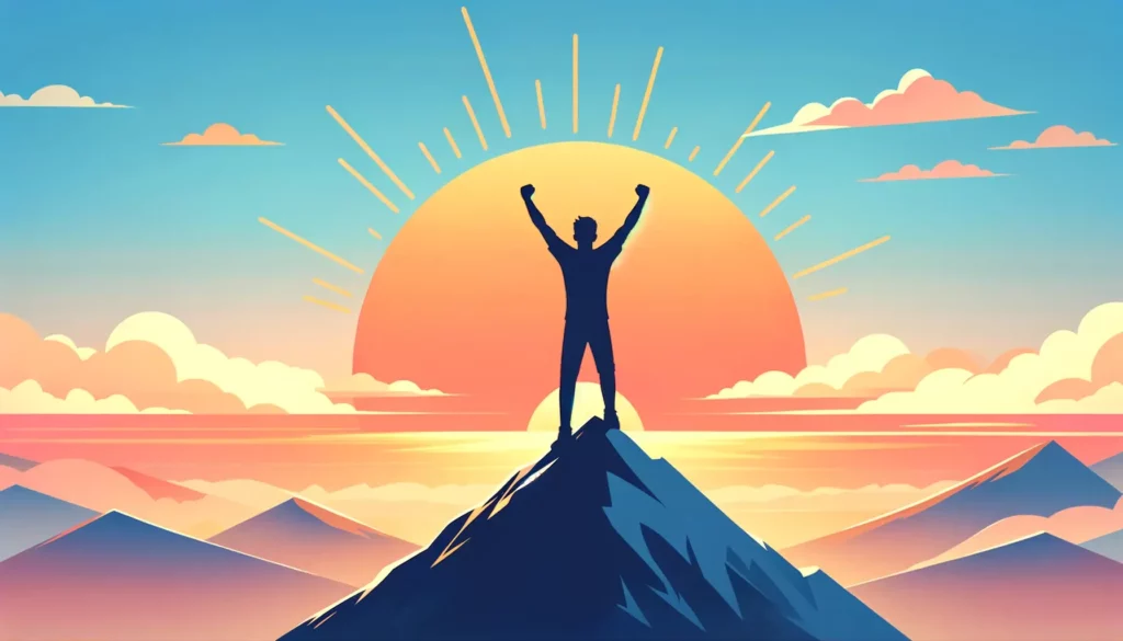 A person standing on top of a mountain with their fists raised high in triumph. The person is silhouetted against a bright sunrise, symbolizing victor