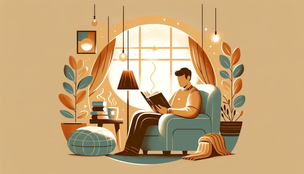 A warm and friendly illustration depicting a person engrossed in reading a book. The setting is cozy and inviting, with soft lighting that adds to the